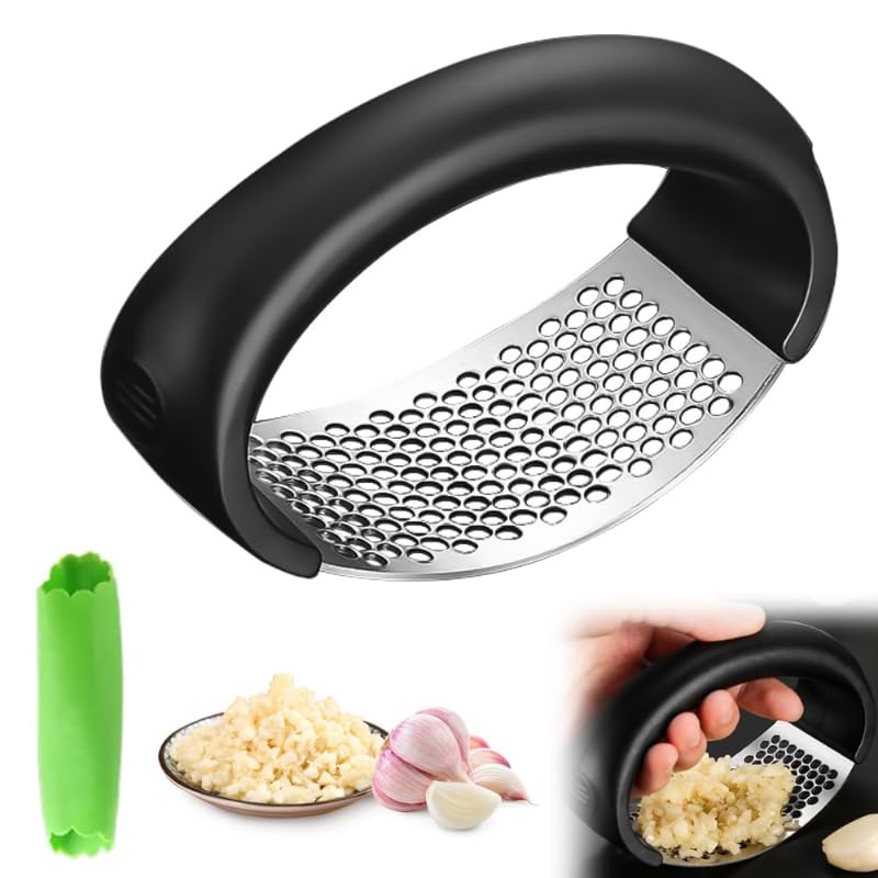 Garlic Press Rocker, Portable Manual Stainless Steel Garlic Press Rocker Crusher Masher with Garlic Peeling Drum for Home Kitche