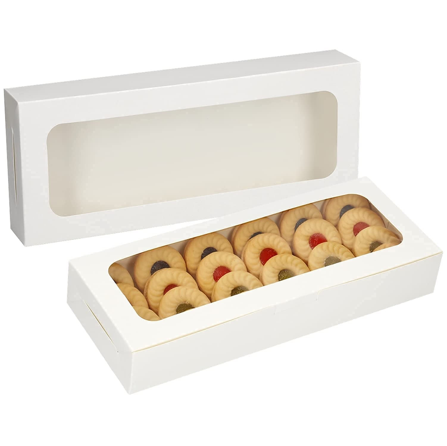 Makolo 20 Pack Bakery Boxes With Window Small 9.8X4X1.5 Inch For Sugar Cookie, Chocolate Covered Strawberry, Cake, Candy, Tart,