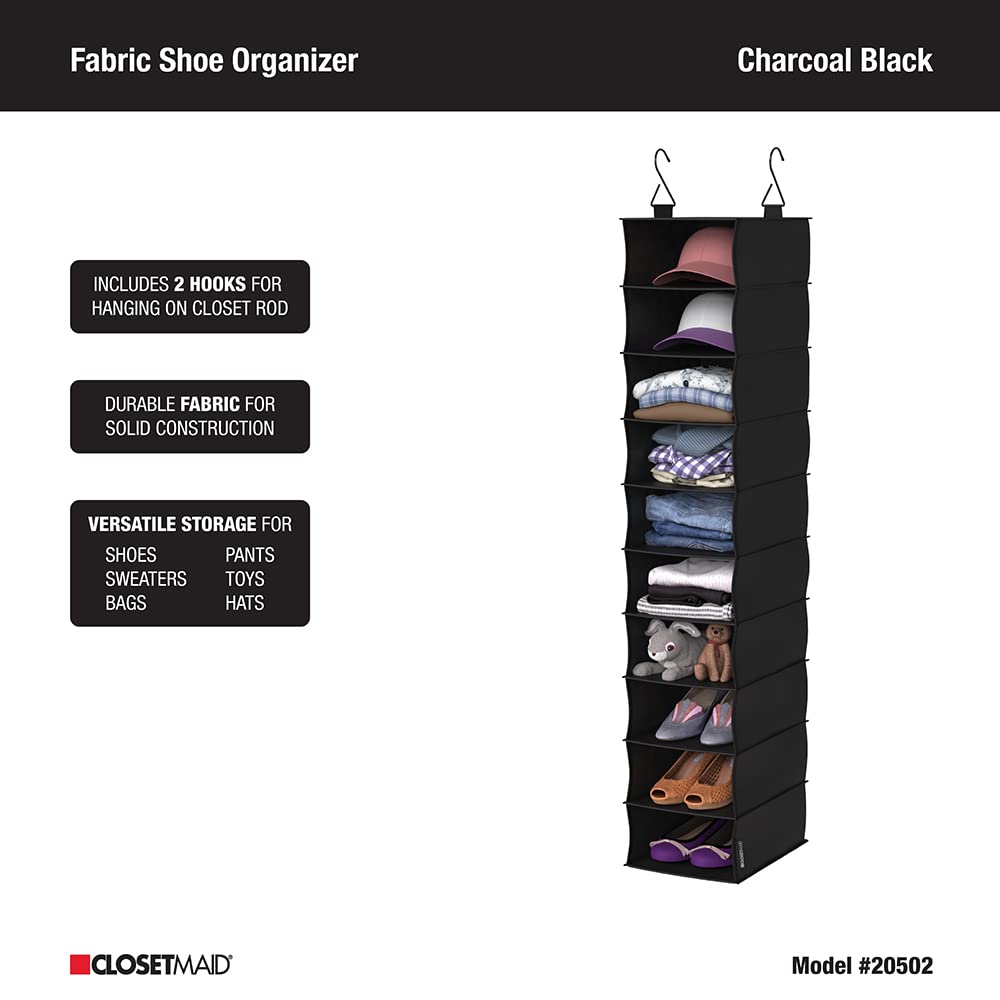 Closetmaid 20502 10-Shelf Fabric Hanging Closet Organizer For Shoes, Hats, Handbags, Clothes With Charcoal Black Finish
