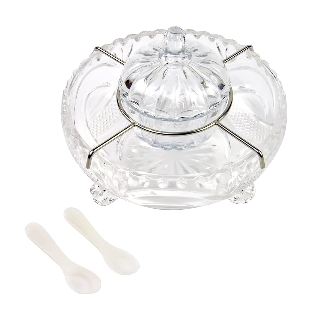 Duebel Caviar Serving Set, 1 Glass Divided Serving Bowl Set Plus 2 Pcs. X Mother Of Pearl Caviar Spoon -Caviar Dish Serving Set,
