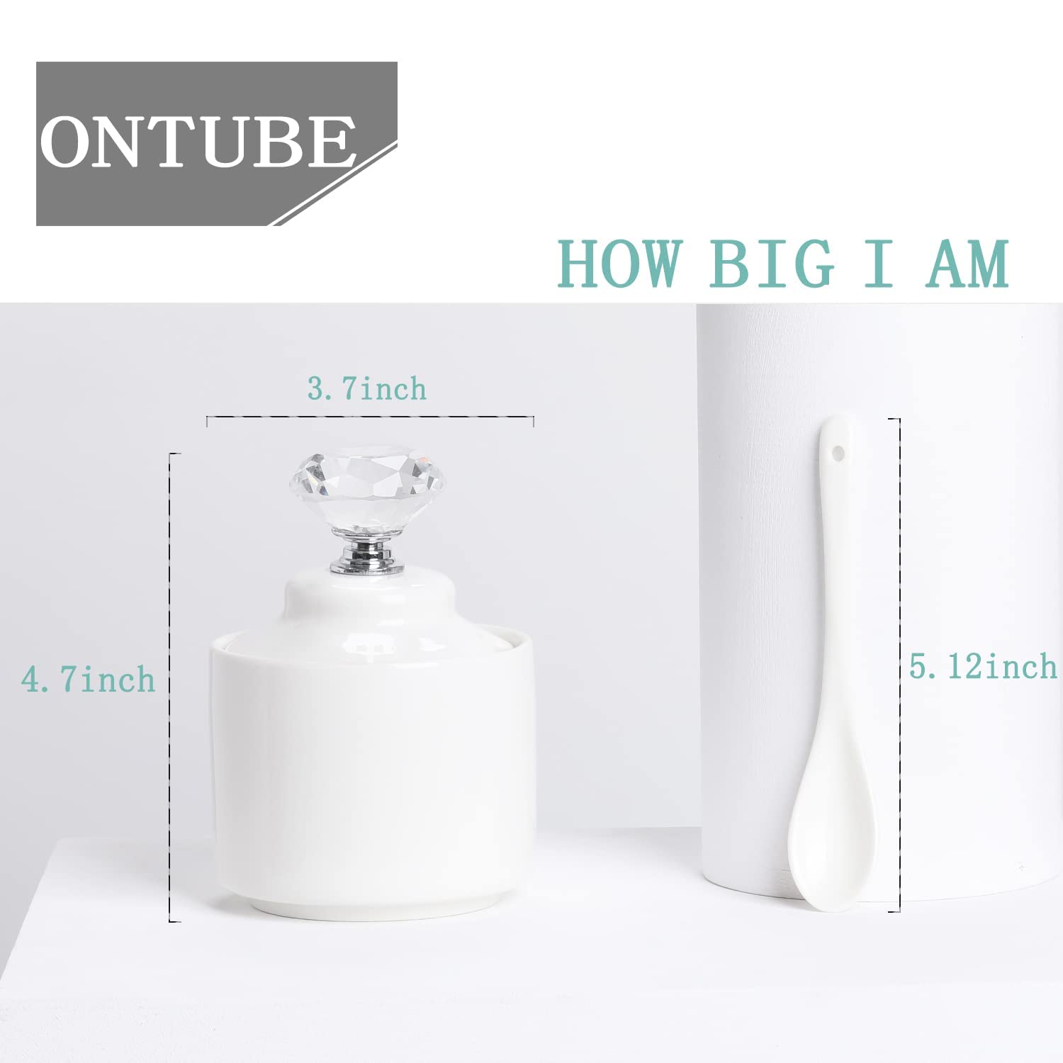 Ontube Porcelain Sugar Bowl With Crystal Lid And Spoon 8Oz, White (Crystal Silver)