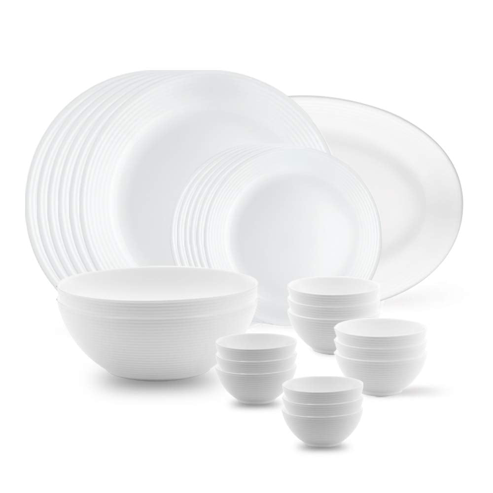 Larah By Borosil Orbit Series Plainware Opalware Dinner Set | 27 Piece For Family Of 6 | Microwave & Dishwasher Safe | BoneAsh 