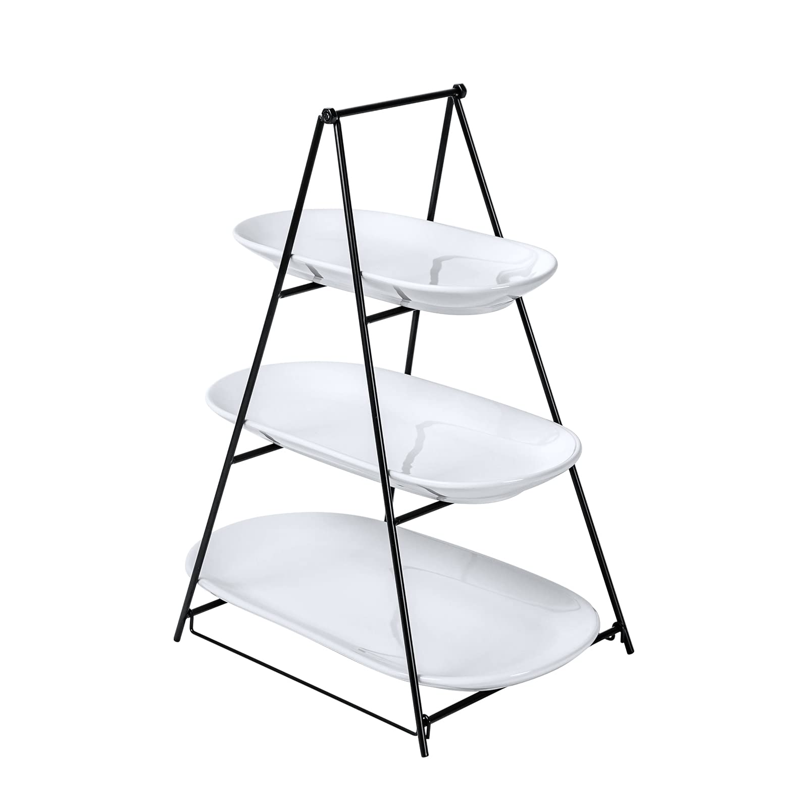 Unicasa 3 Tier Serving Tray - White Oval Serving Plate Dishes, Party Trays And Platters With Metal Rack For Cake, Snack, Fruit -