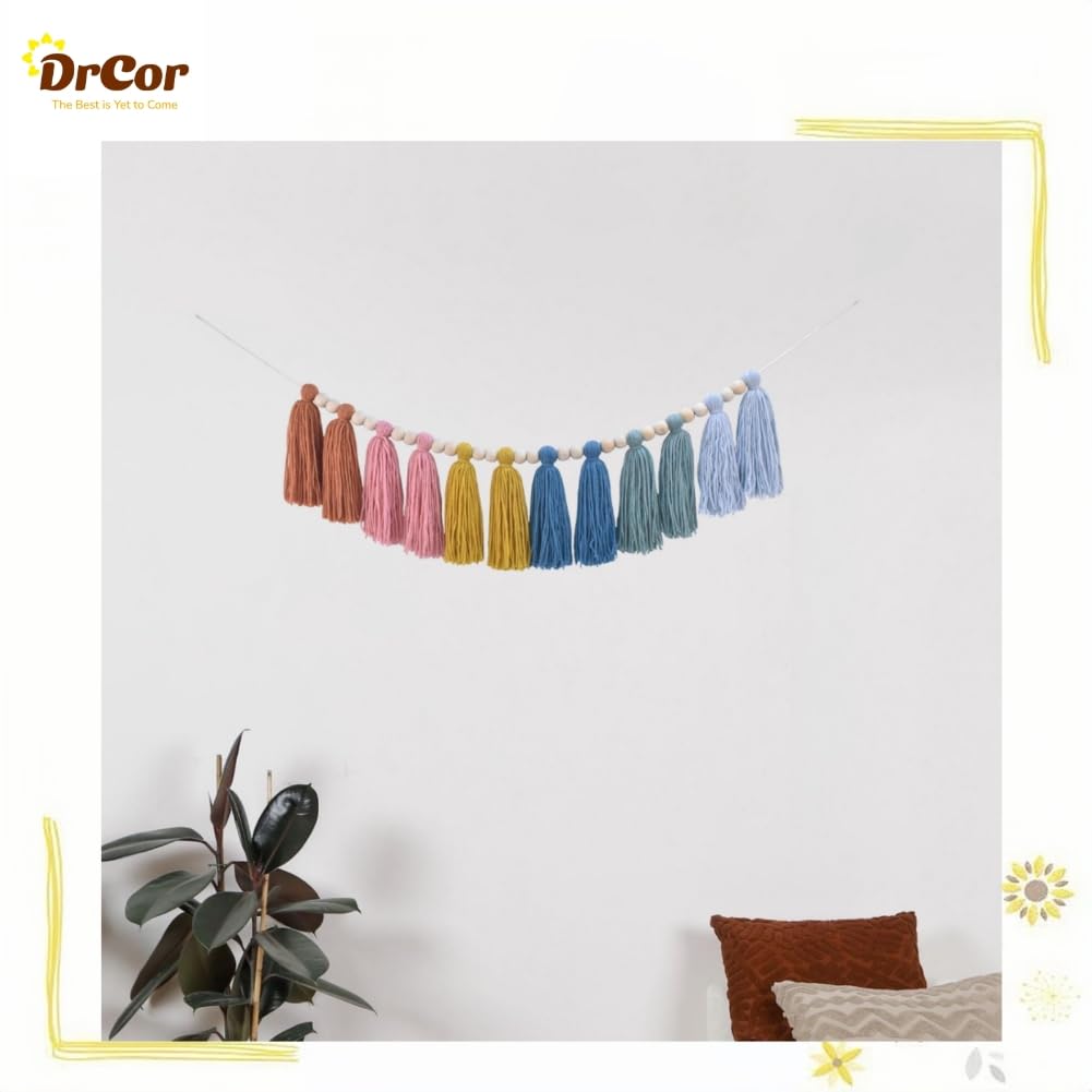 DrCor Boho Earthy Rainbow Tassel Garland - Neutral Yarn Wall Hanging for Calm Classroom, Montessori Nursery, Kids Bedroom, Baby