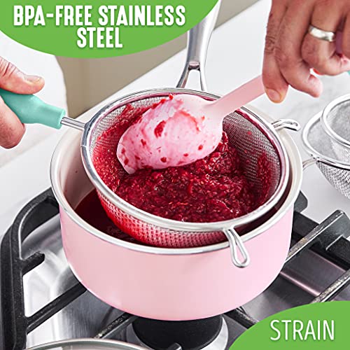 Greenlife Cooking Tools And Utensils, 4 Piece Extra Fine Stainless Steel Mesh Strainer Kitchen Set, Stay Cool Handles, Dishwashe