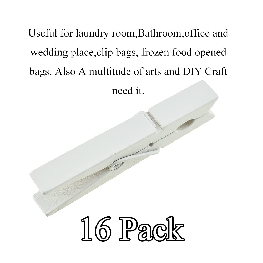 Hahiyo White Wooden Clothes Pins Clothespins Wide Do Not Fall Apart 2.87 Inches Length 16 Pack Sturdy Strong Springs No Rust No