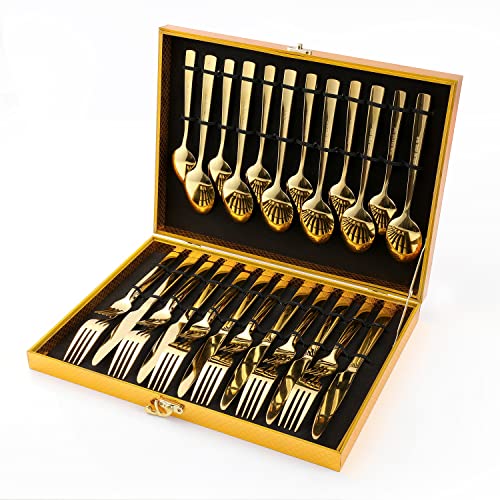 Gold Silverware Set, Ogori 30-Pieces Gold Forged Stainless Steel Flatware Set Square Handle, Service Of 6