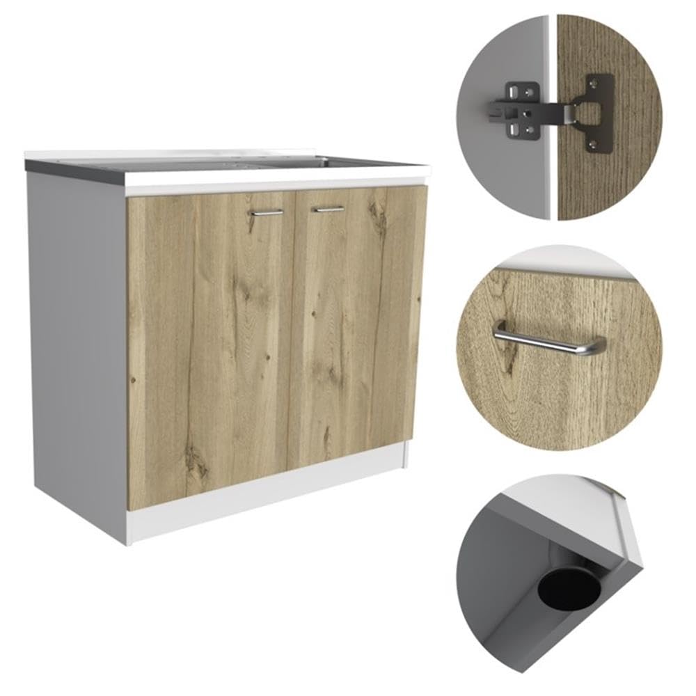 TUHOME Napoles Utility Sink  Two Shelves  Two-Door Cabinet  Countertop- White/Light Oak  For Kitchen Room