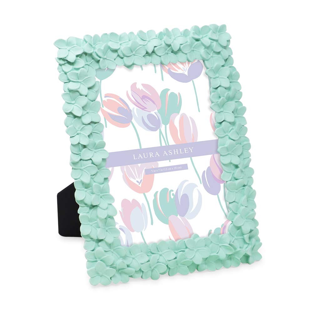 Laura Ashley 5x7 Mint Green Flower Textured Hand-Crafted Resin Picture Frame w/Easel & Hook for Tabletop & Wall Display, Decorat