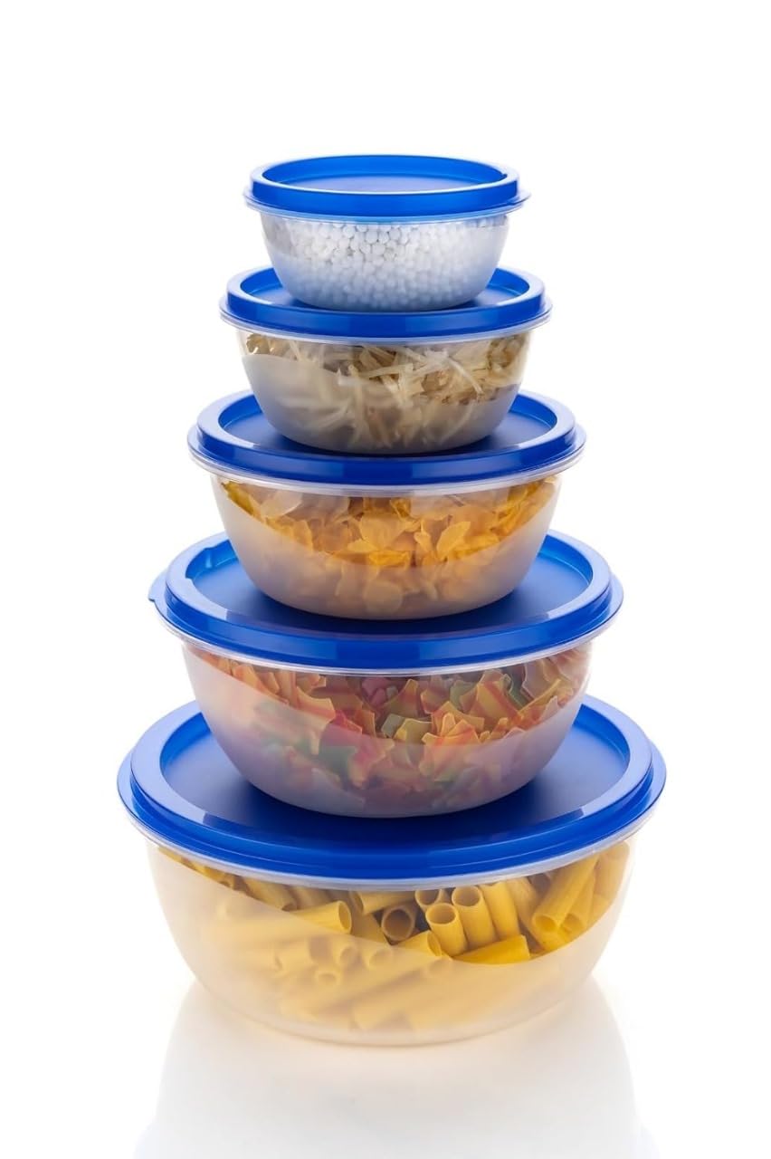 Hirapara 5Piece Food Storage Container Set With Blue Lids  Clear Plastic Nesting Bowls | 250Ml To 2500Ml | Round Airtight Kitc