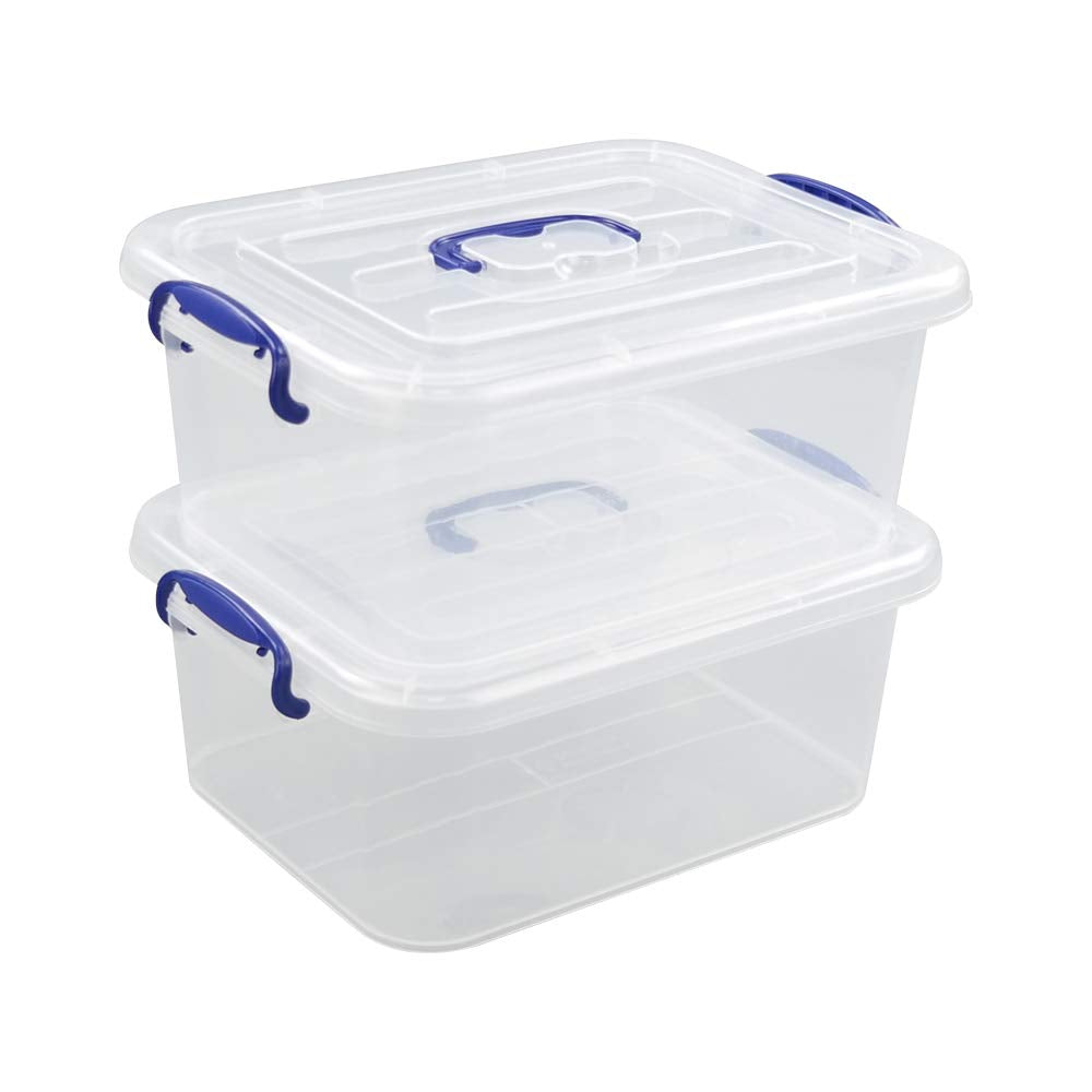 Easymanie 8 Quart Clear Bins With Navy Blue Handle, Plastic Storage Boxes, 2 Packs