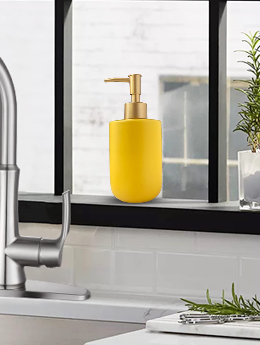 Liquid Soap Dispenser For Bathroom With Gold Pump,Dish Soap Dispenser For Kitchen,Refillable Countertop Lotion Ceramics Yellow H