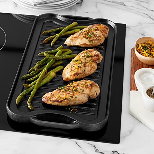 Amazon Basics Pre-Seasoned Cast Iron Reversible Rectangular Grill/Griddle, Black, 20 X 10.39 X 0.98 Inch
