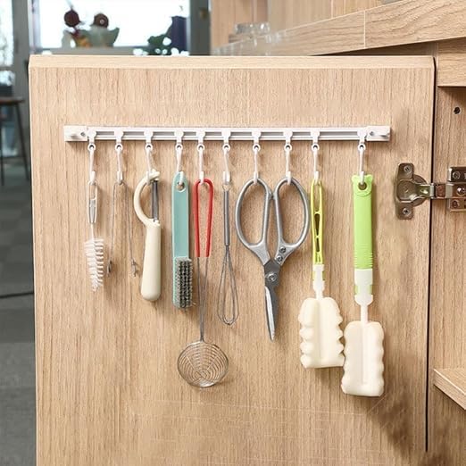 Wall Mounted Hanger Multifunctional Rail Sliding Key Hook Track Kitchen Utensil Rack With 10 Hooks Hanging Pot Rack Hanger Adhes