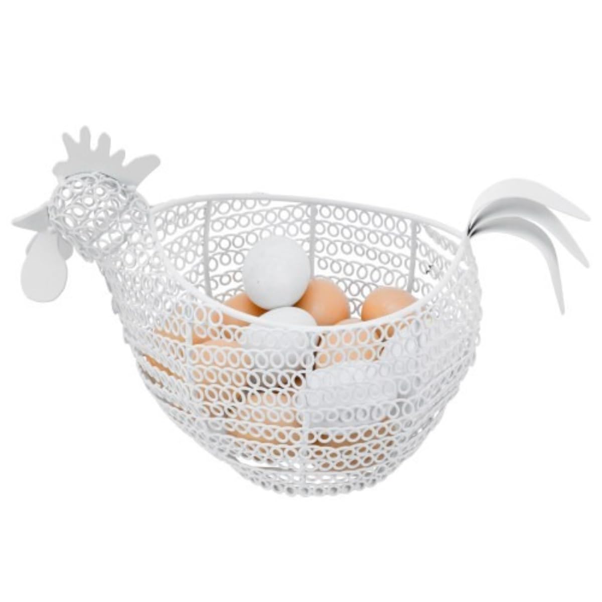 MyGift Modern Matte White Metal Wire Egg Storage Basket in Decorative Chicken Shaped Design, Farmhouse Container for Gathering F