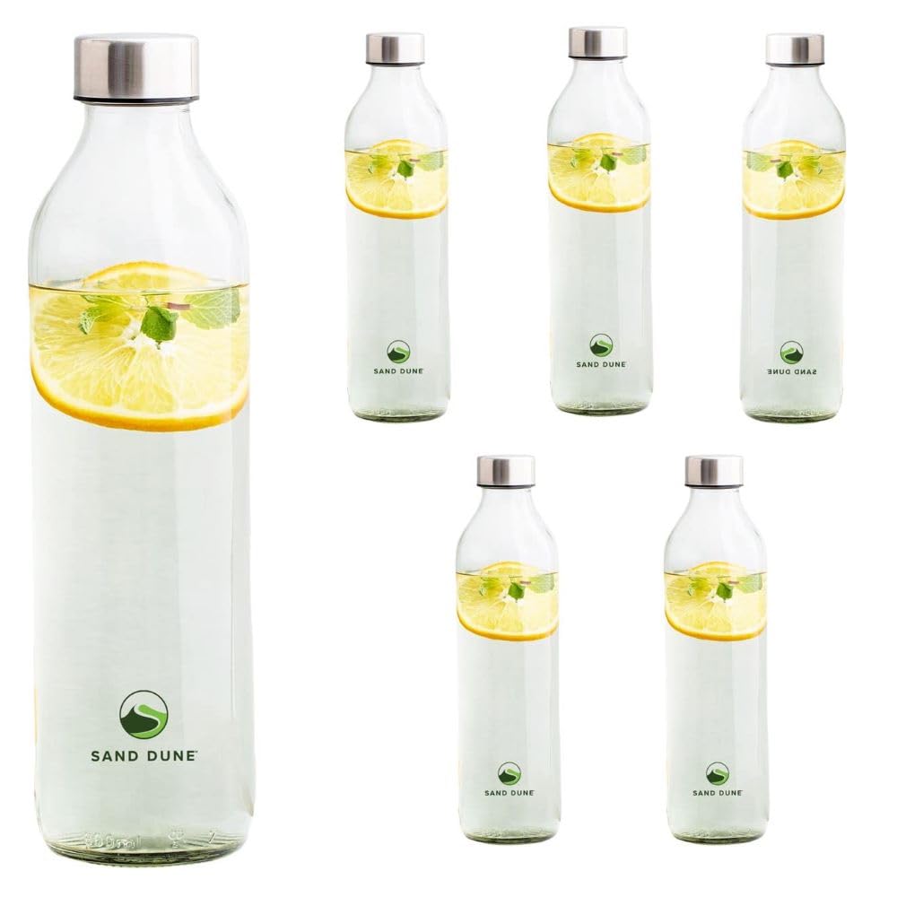 Sand Dune Set Of 6, 800 Ml Each Glass Water Bottle, With Leak-Proof Airtight Stainless-Steel Lid For Water, Smoothie, Juices - R