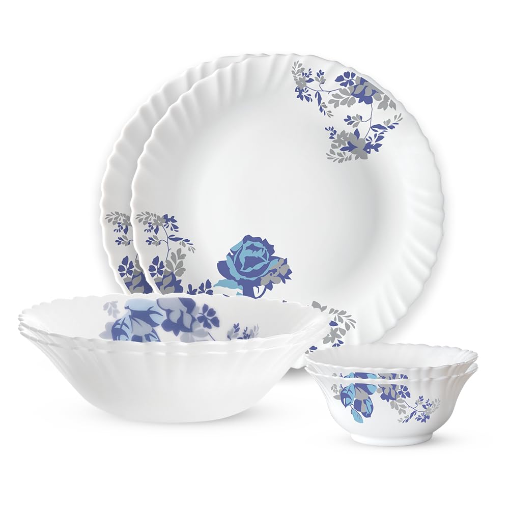 Larah By Borosil Fluted Series Blue Cascade Opalware Dinner Set | 6 Piece For Family Of 2 | Microwave & Dishwasher Safe | BoneA
