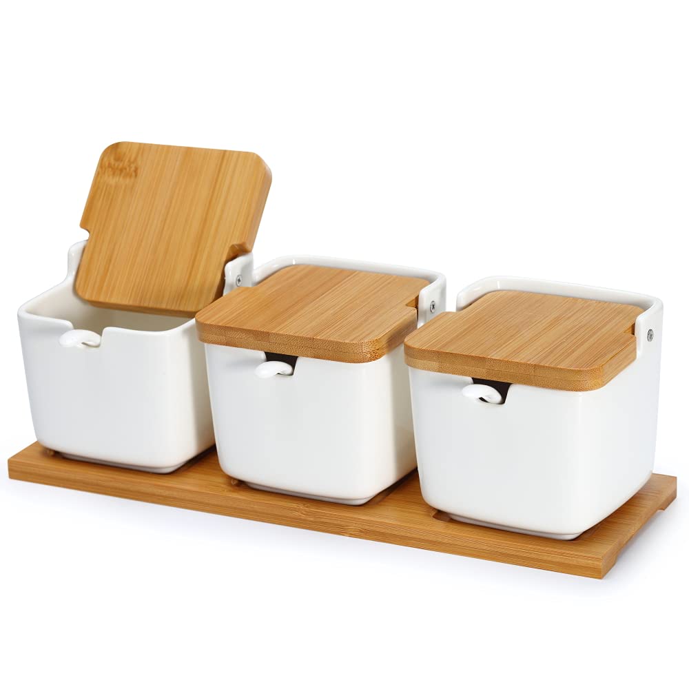 Lucky Goddness Set Of 3 Porcelain Sugar Bowl, 8.8 Fl Oz Condiment Pots With Spoons Bamboo Flip Lids Labels, Spice Salt Tray Serv