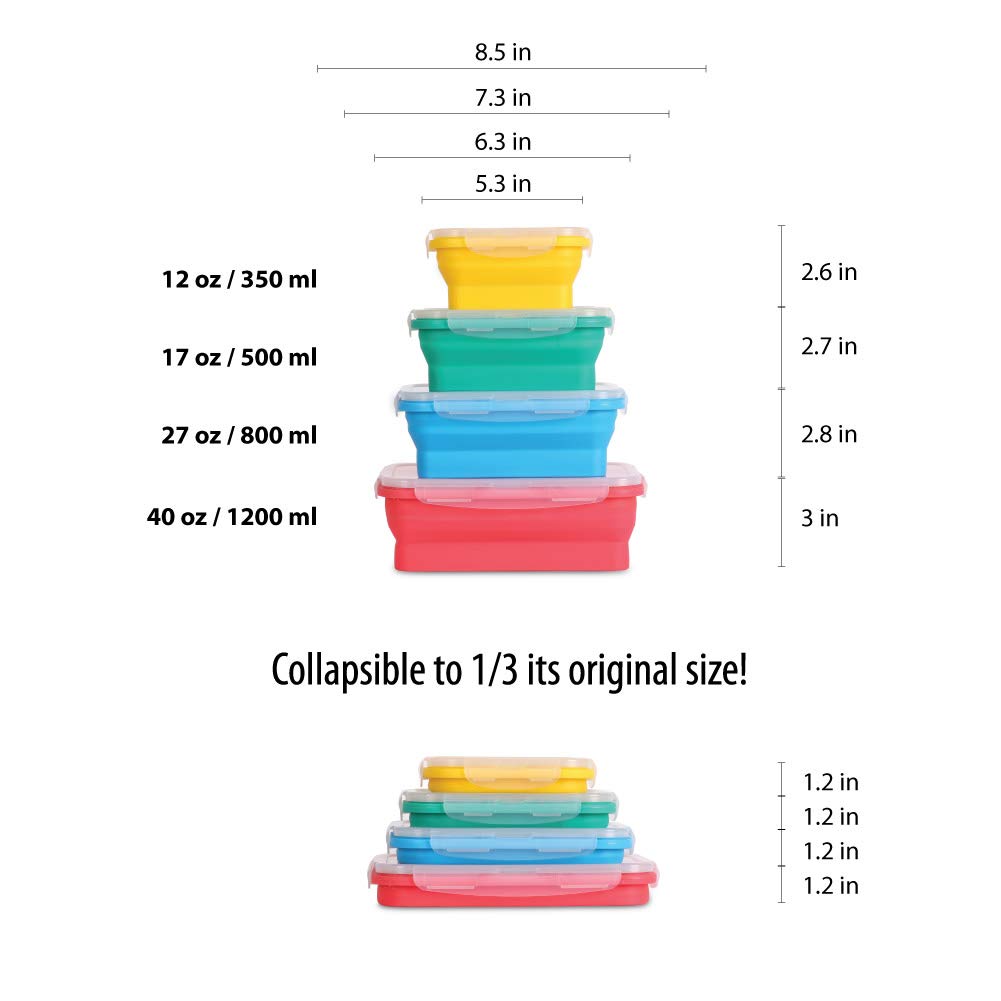 Collapsible Silicone Food Storage Containers W/Bpa Free Airtight Plastic Lids-Set Of 4 Small And Large Meal Cereal Prep Containe