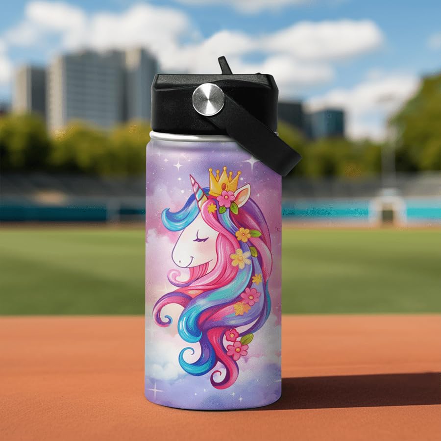 Unicorn Kids Water Bottle Insulated Water Bottles 12Oz With Straw Stainless Steel Travel School Tumbler Double Wall Vacuum Cup F