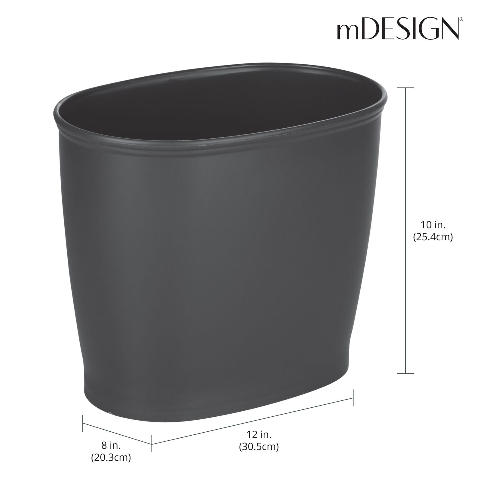 Mdesign Oval Shatter-Resistant Plastic Trash Can, 8.5 Liters, Black, 12'' X 8'' X 10''