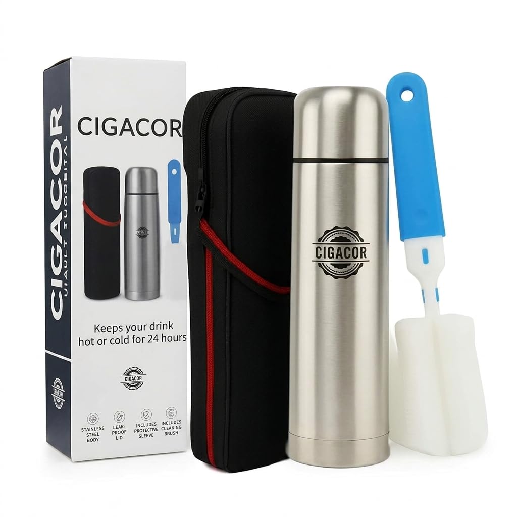 CIGACOR Stainless Steel Insulated Bottle, 17 oz, Silver, Leakproof