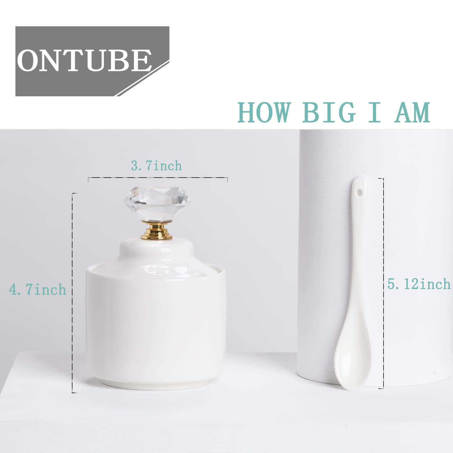 Ontube Porcelain Sugar Bowl With Crystal Lid And Spoon,8Oz White (Crystal Gold)