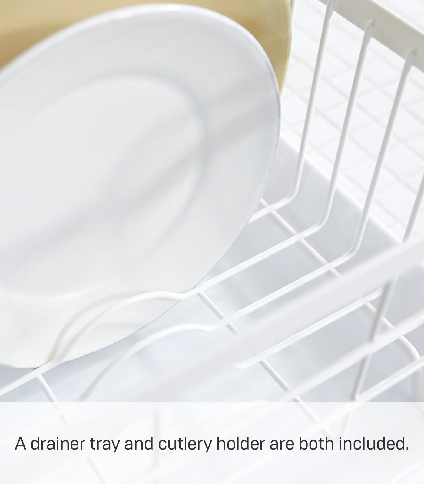 Yamazaki Home Dish Rack With Removeable Drainer Tray, Kitchen Counter Dish Drying Organizer Holder Steel + Wood One Size White