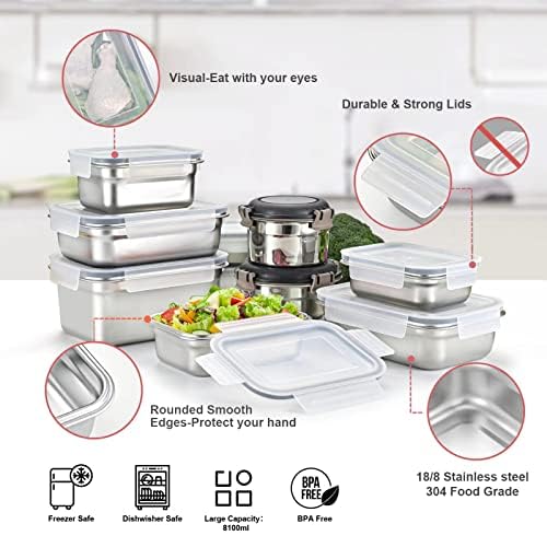 Cykorxicc 12Pc 304 Stainless Steel Food Storage Containers With Lids Leakproof, Meal Prep Container Airtight, Lunch Boxes, Kimch
