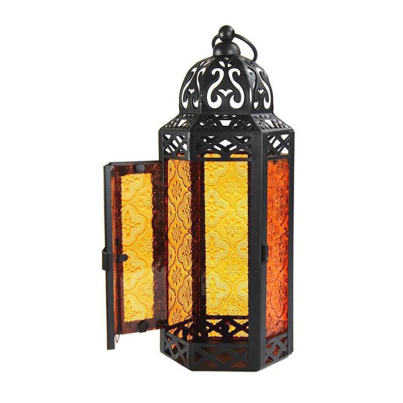 11.5 Moroccan Style Candle Lantern, Black Metal Frame, Orange Colored Glass Panels Great for Patio, Indoors/Outdoors, Events, Pa