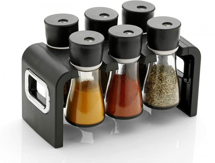 Ridera Spice Rack Set 6 Jars With Stand | Masala Dabbi Spice Jars With Sprinkle Pour Lid | Kitchen Spice Organizer For Counterto