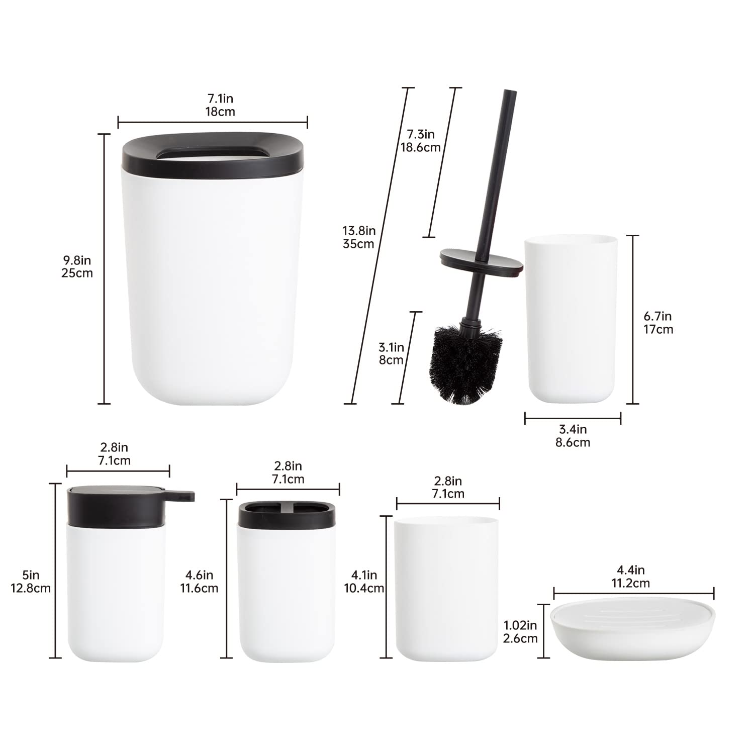 Bathroom Accessories Bath Set of 6 Complete  Toothbrush Holder  Soap Dispenser  Garbage Trash Can  Soap Dish  Toothbrush Cup and Toilet Brush Holder  White