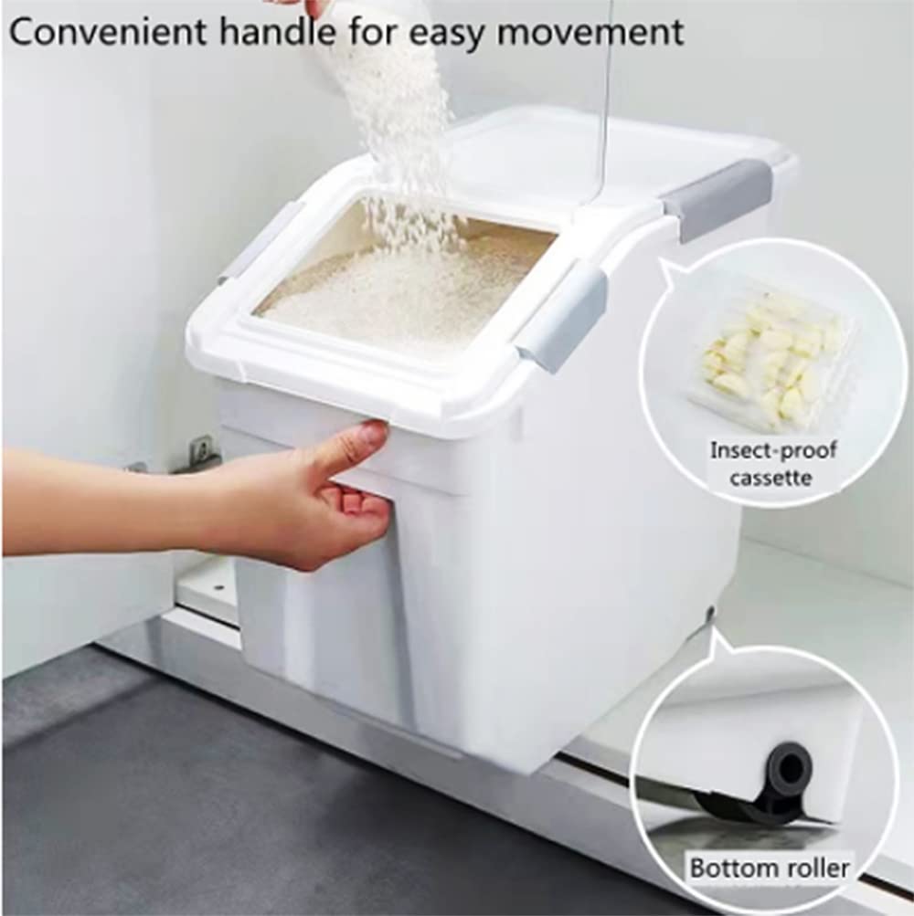 Qiveno Airtight Flour Storage Container 25 Lb Rice Storage Container With Wheels Seal Locking Lid, Food Containers With Measurin