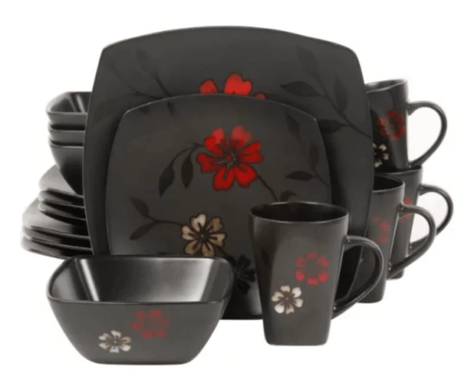 Gibson Elite Evening Blossom 16 Piece Dinnerware Set, Black