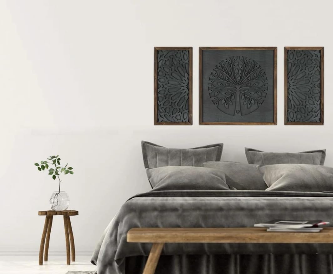 Upzing Decor Life Tree Wooden Set Of 3 Life Tree Wooden Wall Panel Set 3 Wall Hangings,Bedroom Carving Panel Aesthetic Style, Ma