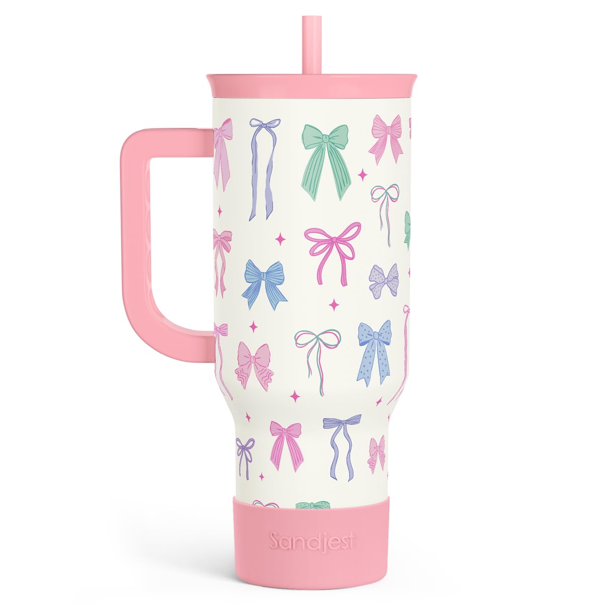 SANDJEST Bow 40oz Tumbler With Handle and Straw, Insulated Stainless Steel Travel Coffee Mug for Women Girls Bow Lovers, Gift Id