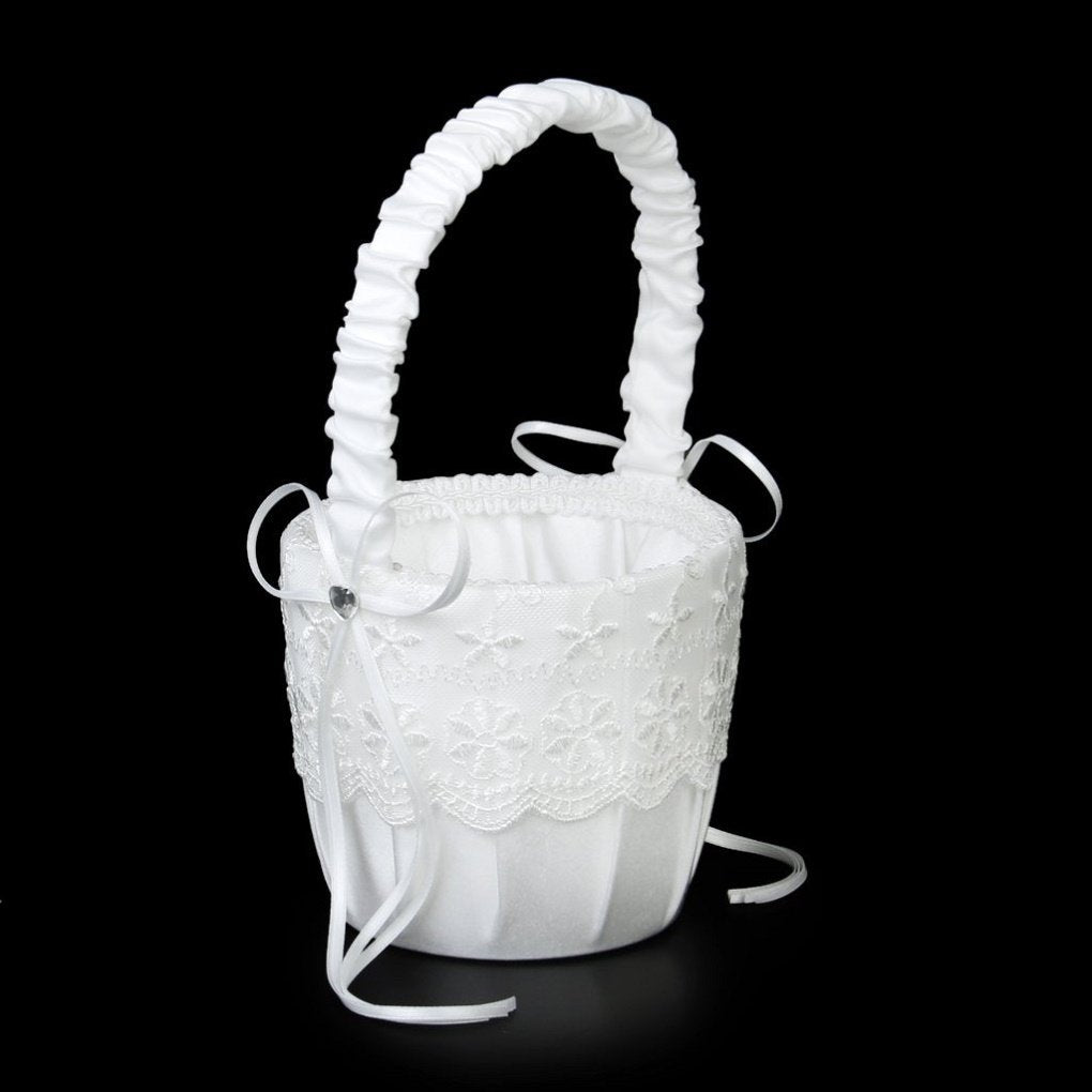 The Crafty Owl White Satin Lace Embellished Wedding Flower Girl Pillow And Basket Set