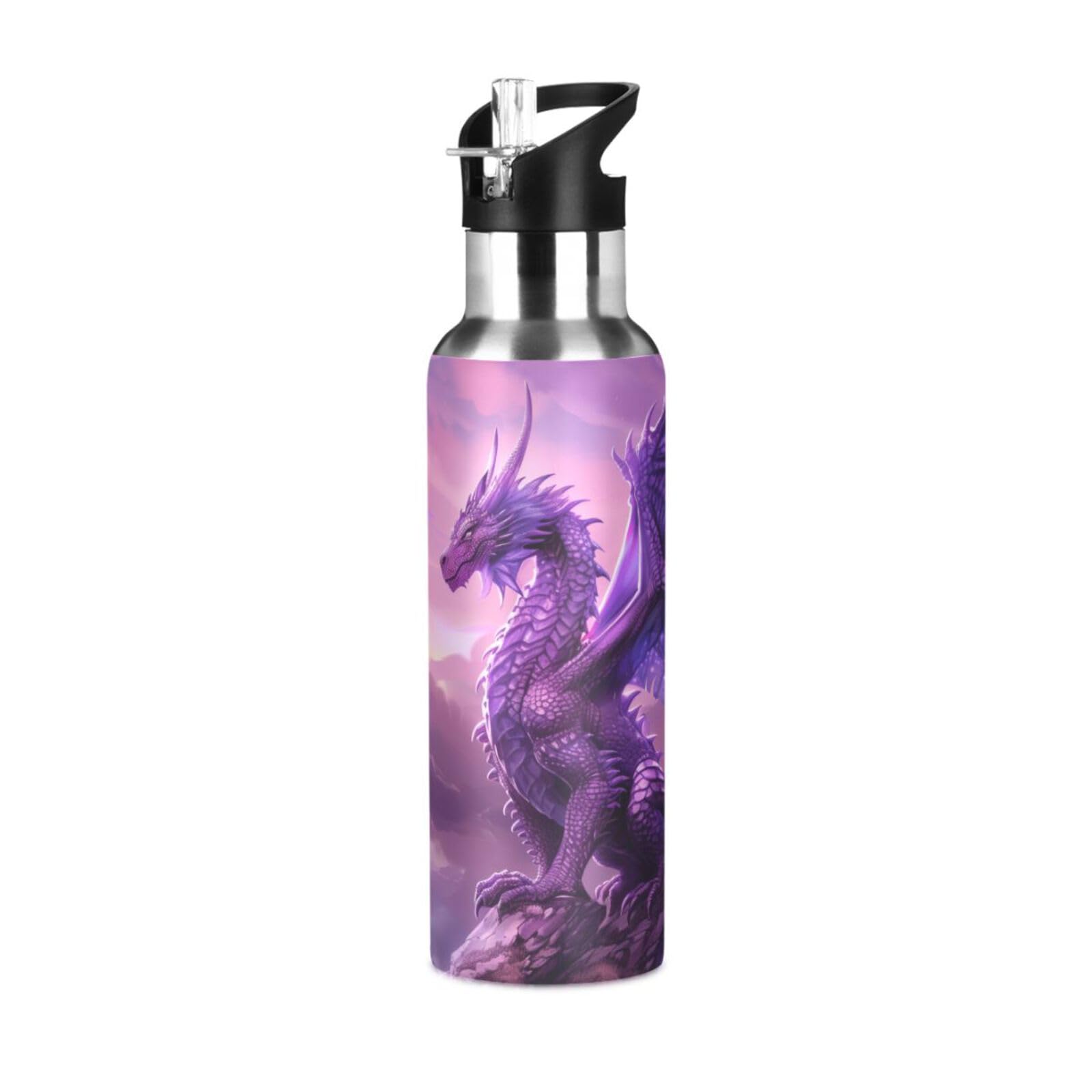 LFICRTAN Purple Dragon Sports Water Bottle with Straw Lid Boys Girls Vacuum Insulated Water Flask Leakproof Stainless Steel Scho