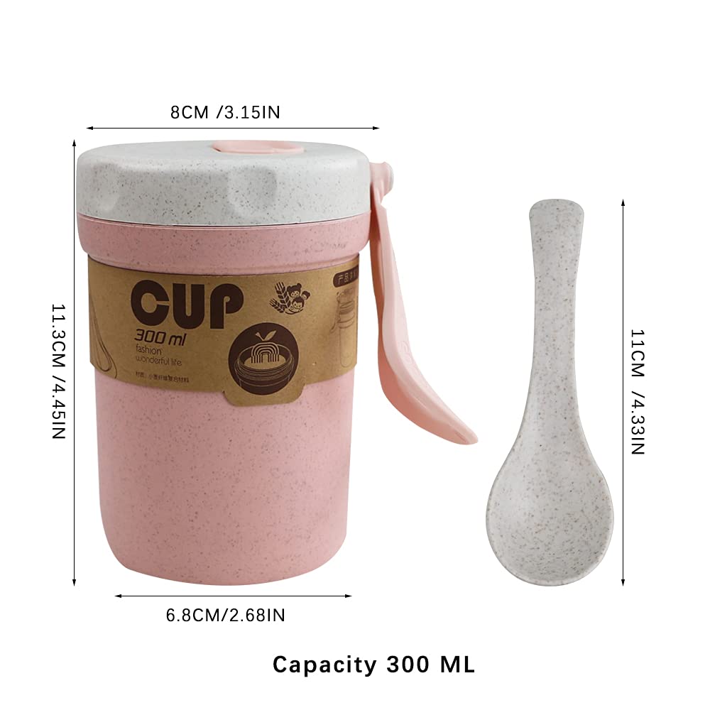 Lzymsz 2Pcs Wheat Straw Soup Cup, 300Ml Portable Microwaveable Breakfast Cup, 2 Colors Porridge Lunch Box With Spoon For School
