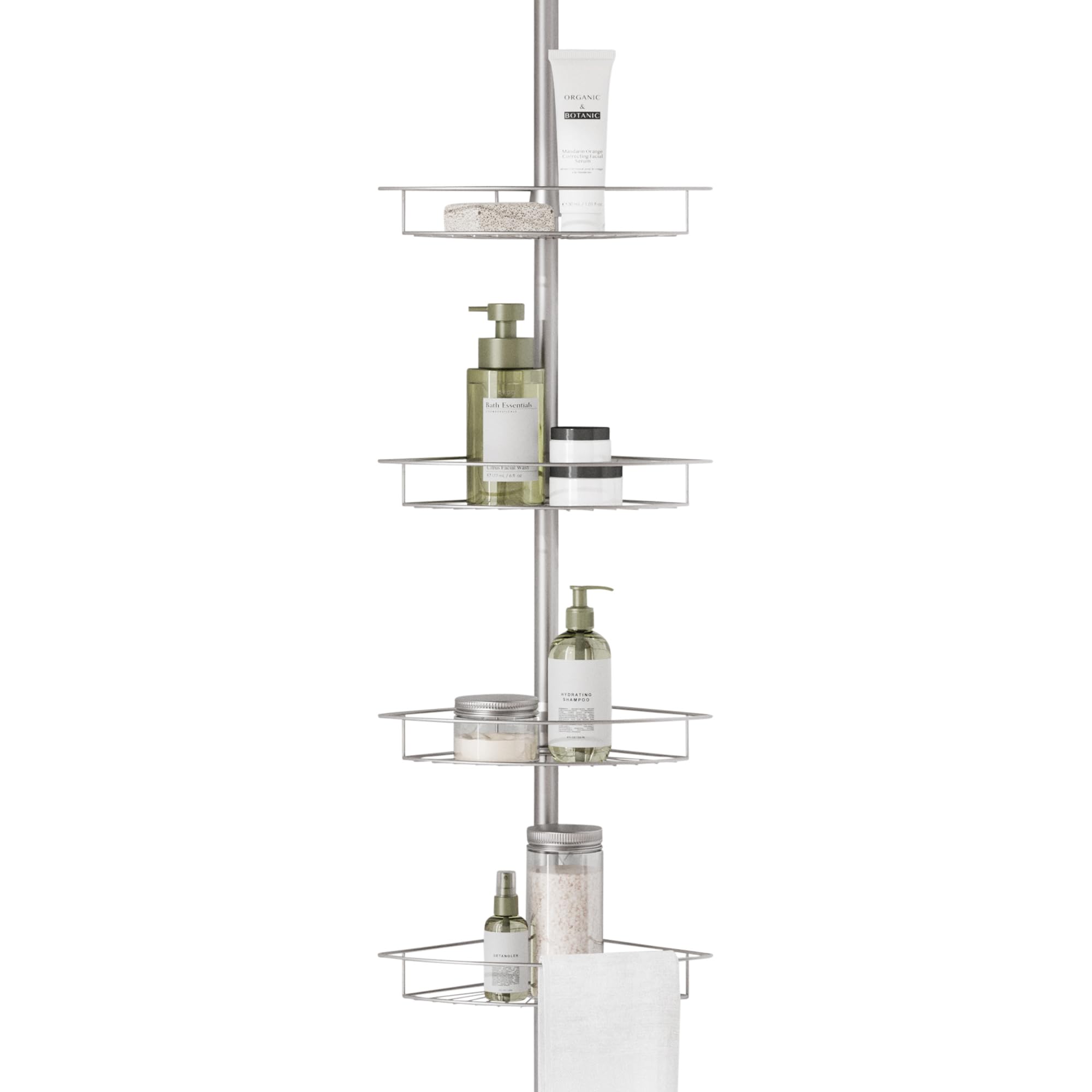 Zenna Home Tension Pole Shower Caddy 4 Basket Shelves with Built-in Towel Bars  Adjustable  60 to 97 Inch  Satin Nickel