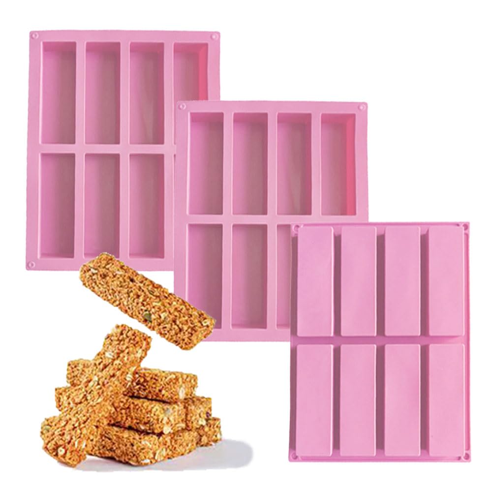 QUDUME Granola Bar Silicone Mold, 3 Pack Rectangle Silicone Molds 8 Cavity DIY Soap Molds Energy Bar Cereal Bar Maker Candy Bar 