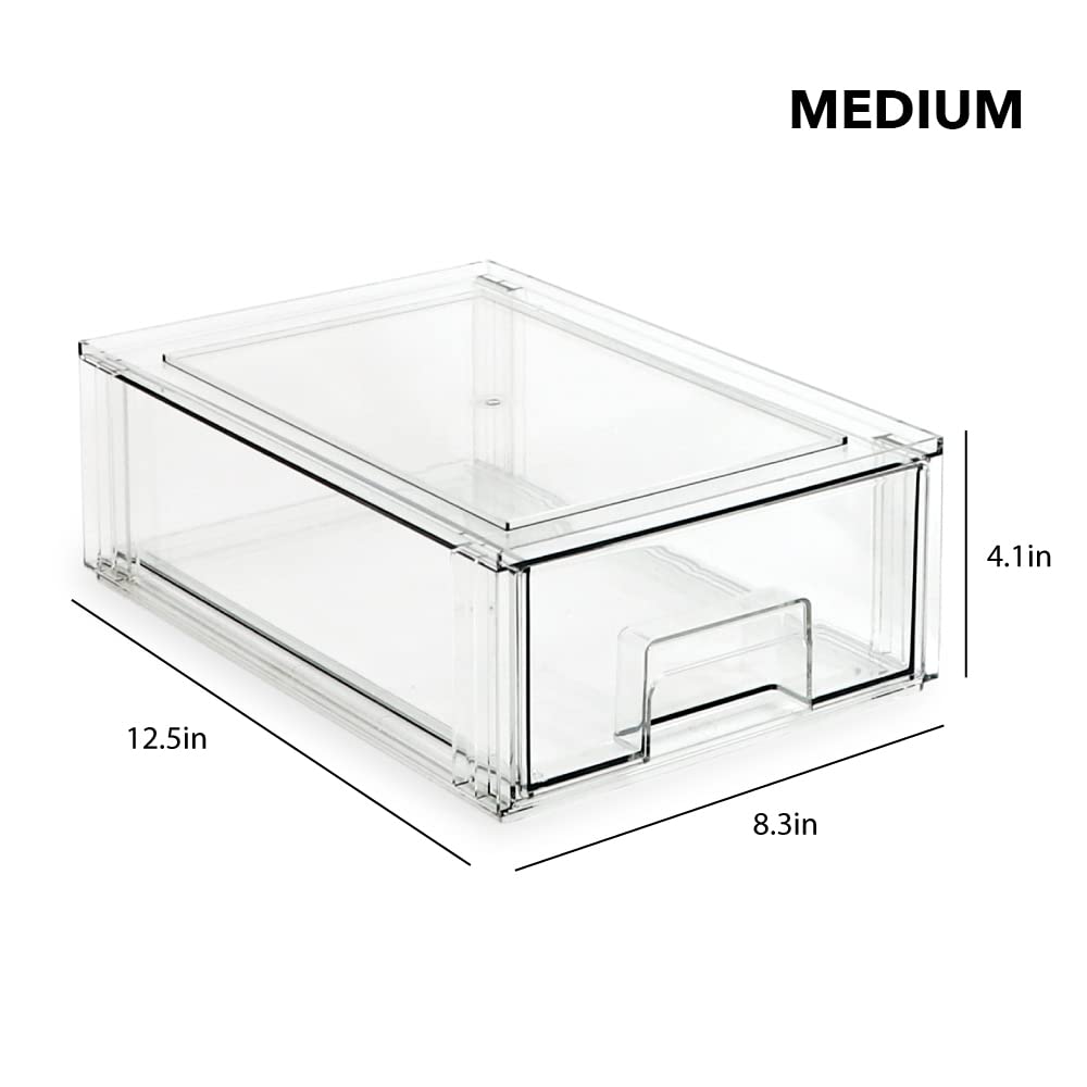 Isaac Jacobs Stackable Organizer Drawer Set (1 Medium, 1 Large), Clear Plastic Storage Boxes, Pull-Out Bins, Home, Office, Close