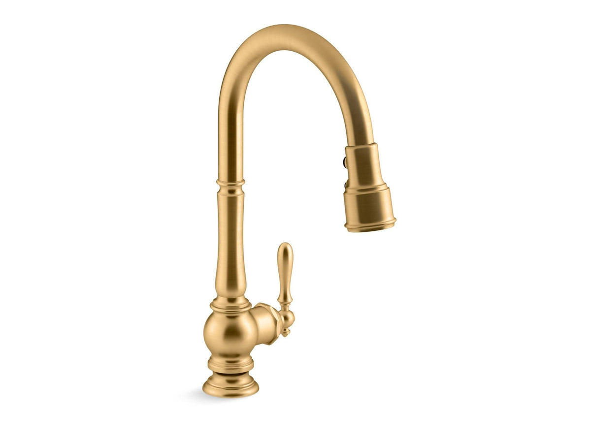 Artifacts Single-Hole Kitchen Sink Faucet With 17-5/8'' Pull-Down Spout And Turned Lever Handle, Docknetik Secure Docking System