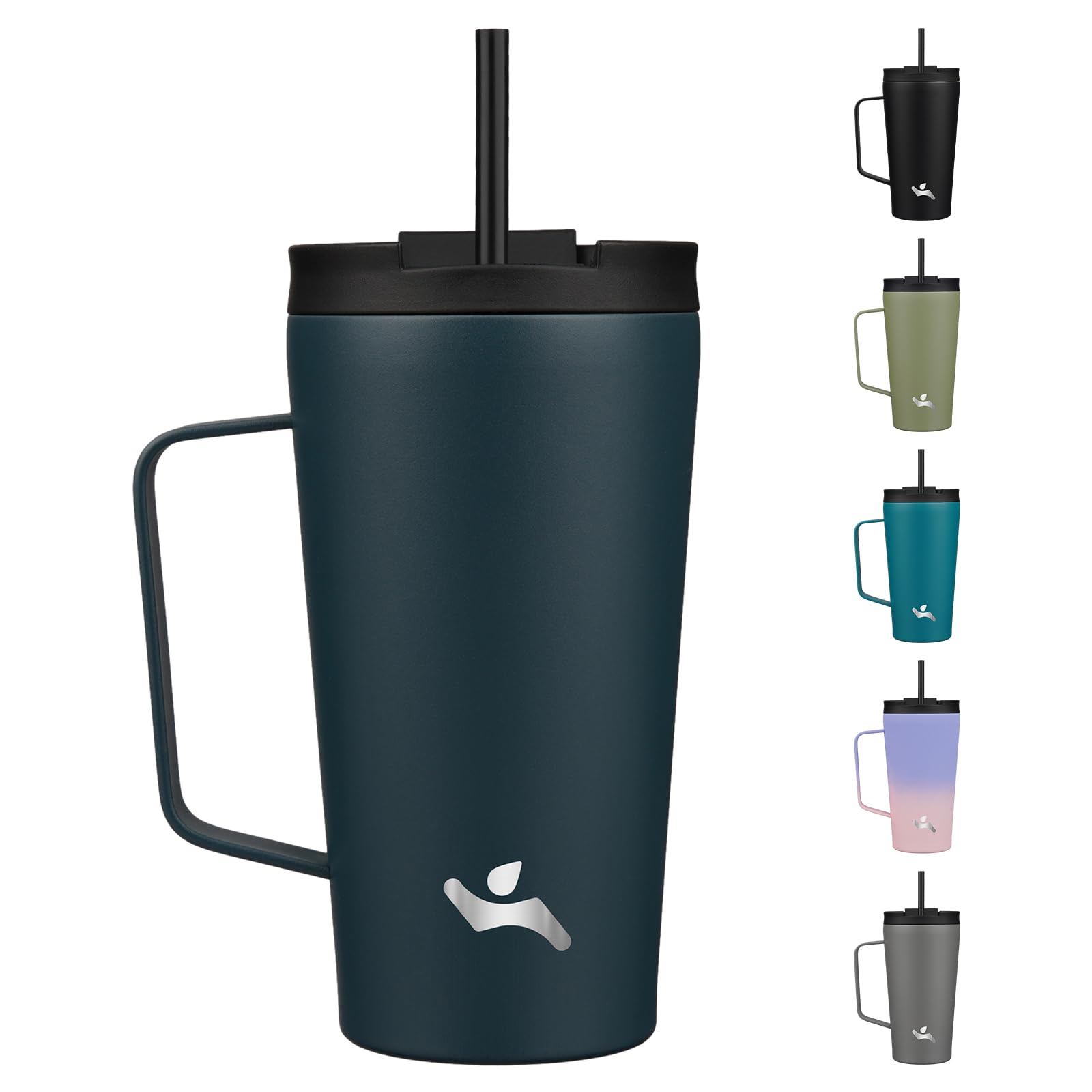 Konokyo Insulated Tumbler with Handle and Straw, 18 OZ Travel Coffee Mug Stainless Steel Cup Metal Water Bottle,Navy Blue