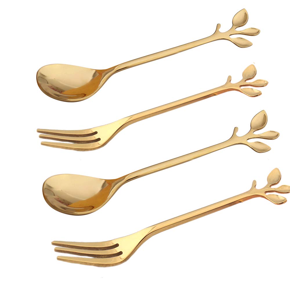 Gold Leaf Espresso Coffee Spoon Appetizer Dessert Fork Ice-Cream Tea Sugar Spoon Fruit Cake Fork Stainless Steel 4.7 Inches Mini