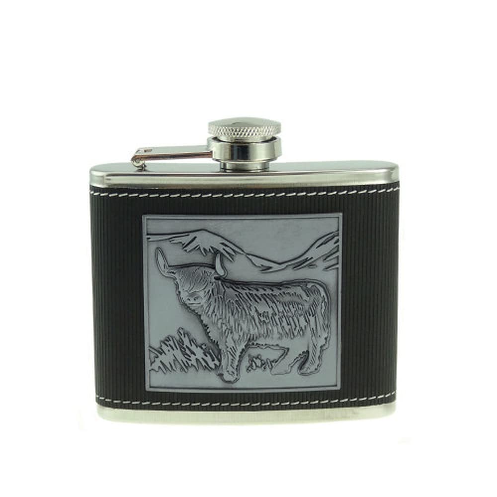 Glen Appin Metal Plate Hip Flask with Embossed Highland Cow Design (4oz)