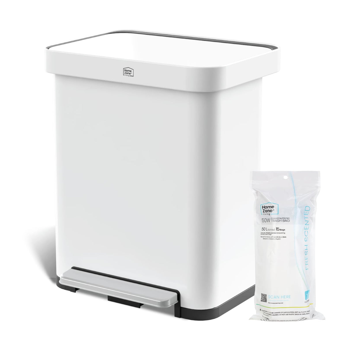 Home Zone Living 13 Gallon Stainless Steel Kitchen Trash Can With Slow Closing Lid And Wide Opening, Virtuoso Collection, White