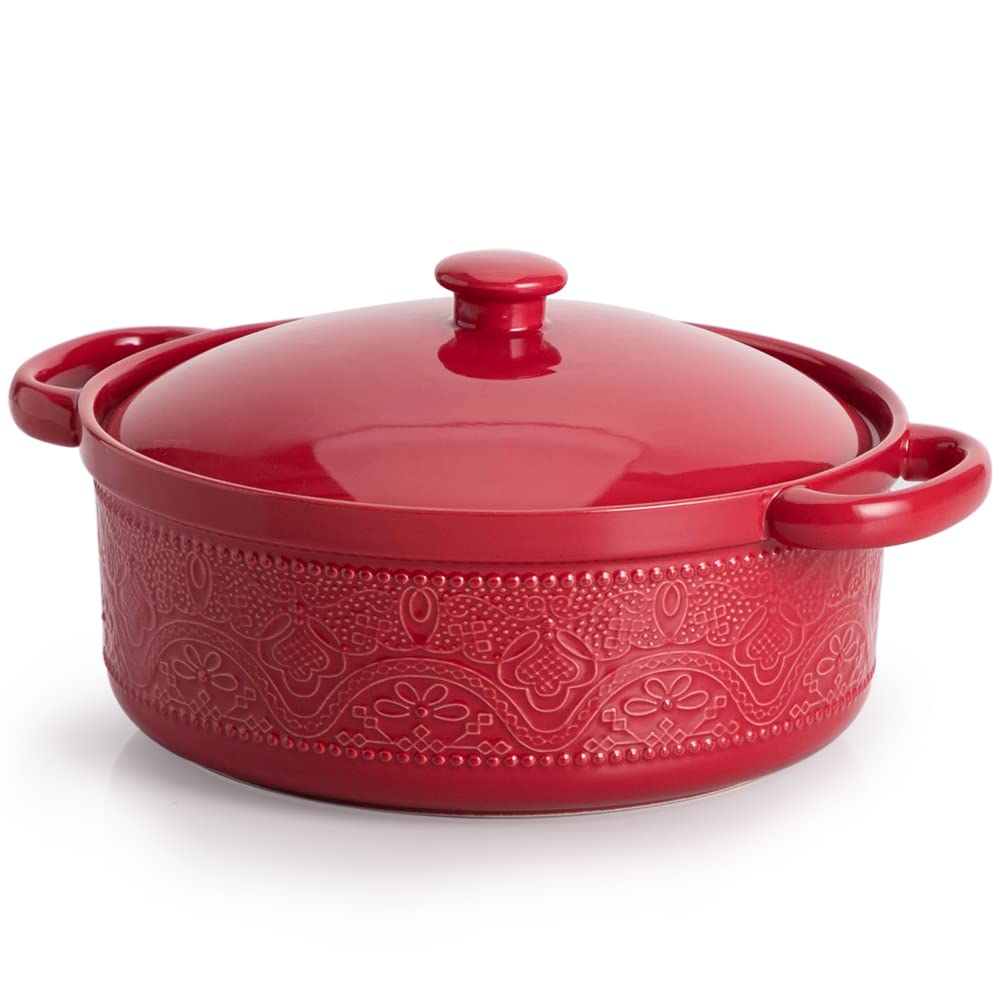 FUN ELEMENTS Casserole Dish, 2 Quart Lace Emboss Casserole Dish with Lid, Oven to Table Ceramic Round Serving Dish with Handles 