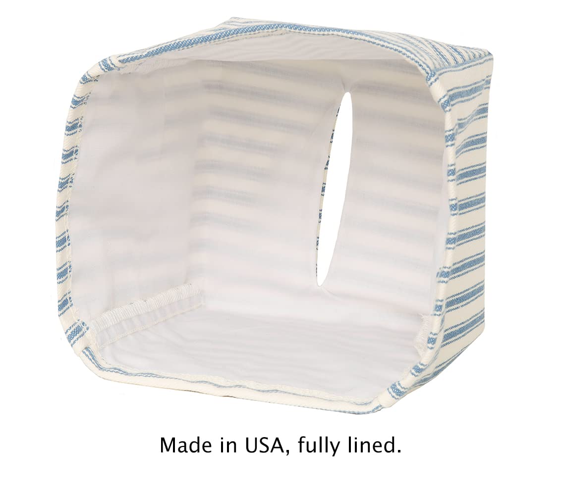 Decorative Things Fabric Tissue Box Cover - Blue Ticking Stripe, 5.25x4.5x4.5, Square Holder for Bathroom Decor, Model TB-TICK-BLU