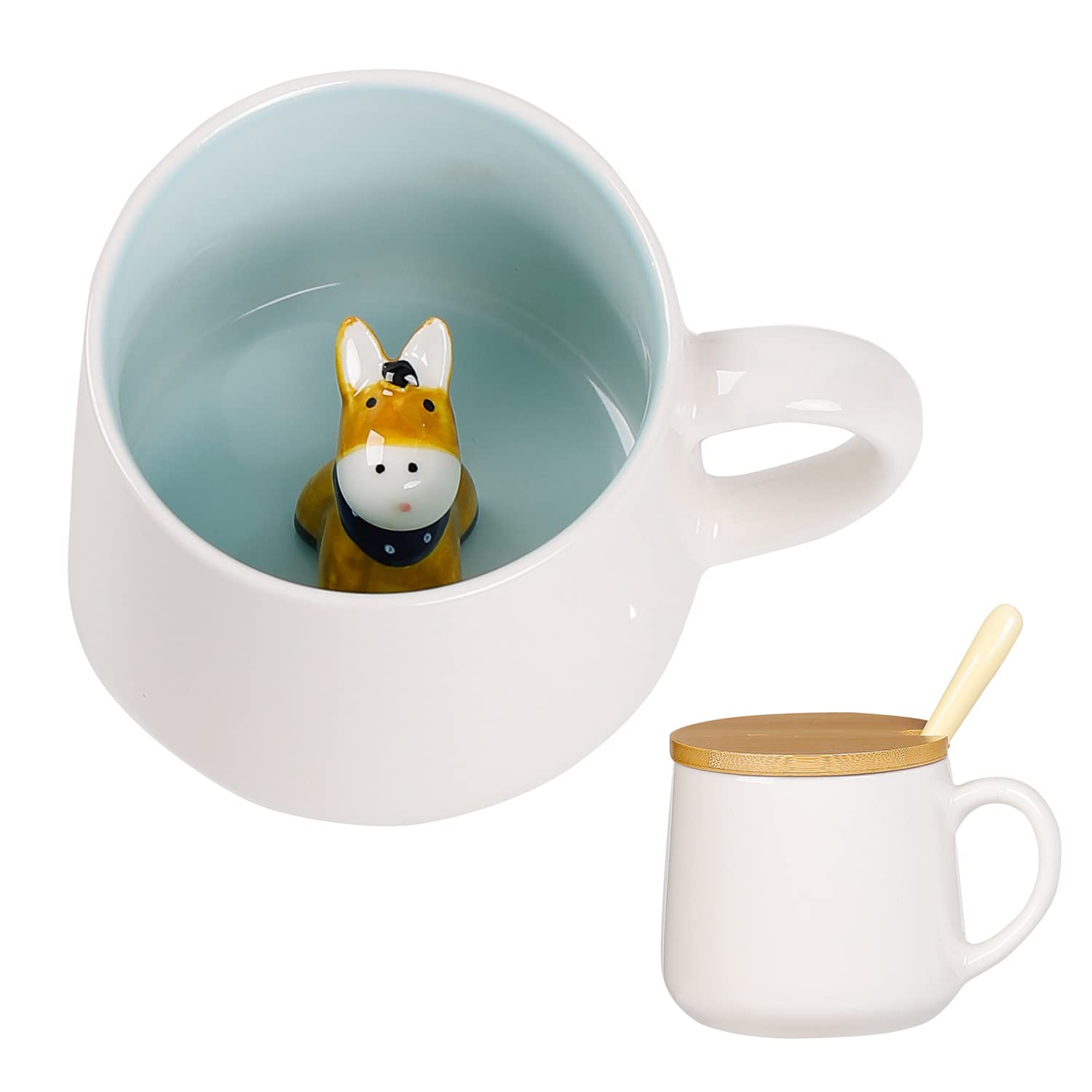 BigNoseDeer Cute Ceramic Donkey Coffee Mug Funny Mug with 3D Animal Inside Kawaii Tea Cup with Spoon and Lid Cool Stuff Christma